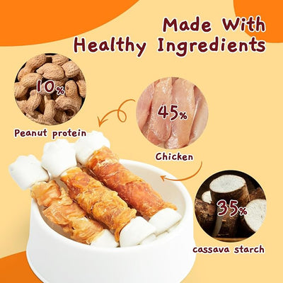 Jungle Calling Rawhide Free Dog Bones, 6.5" Real Chicken Wrapped Dog Chew Bones for Medium and Large Dogs Training Treats (Pack of 2)