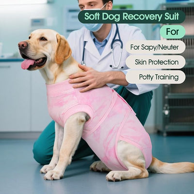 Kuoser Dog Surgery Recovery Suit, Anti Licking Surgical Suit for Dogs Male Neuter, Soft Dog Surgery Suit Female Spay Subsititute E-Collar Cone, Doggie Body Suits After Surgery Pink Tie Dye XL