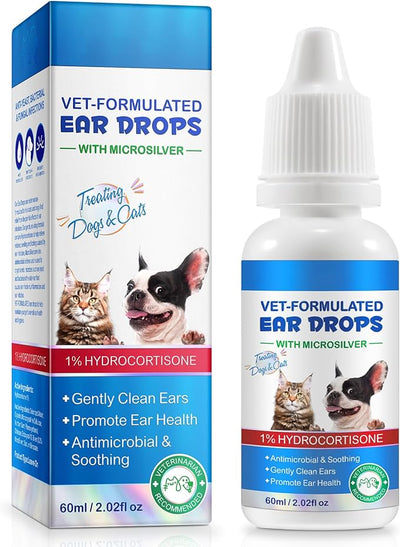 Ear Infection Treatment Drops for Dogs and Cats, Dog Ear Cleaner Drops with 1% Hydrocortisone Soothes Dog Yeast Infection Ear Mites Treatment, Itchy Ear Relief, Odors, for All Ages and Breeds 60ml