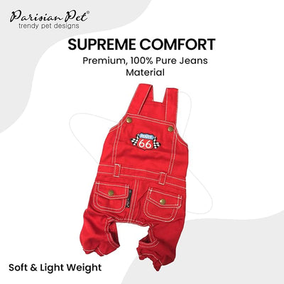 Parisian Pet Red Dog Overalls - Route 66 Denim Dog Clothes - Breathable Sling Puppy Jumpsuit - Durable and Trendy Overalls for Dogs - Comfortable Jeans Dog Clothes for Small Dogs - Classy Pet Apparel