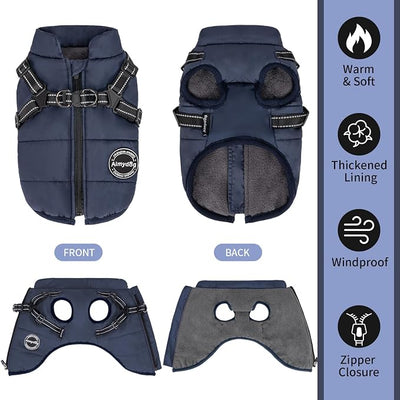 Dog Winter Coat, Warm Dog Jacket Reflective Adjustable Fleece Vest with Harness Built in,Windproof Pet Snow Jacket Snowsuit with Zipper for Small Medium Dogs, Navy Blue XS