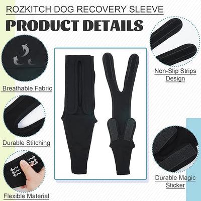ROZKITCH Dog Sleeves for Wounds Front Legs Right Left, Pet Prevent Licking Wound Elbow Knee Protector, Dog Recovery Suit Cone Collar Alternative for Sprain ACL CCL Arthritis Joint Care Black L