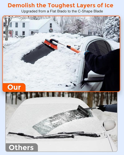 DooGooCoo [Upgrade] Ice Scraper & Extendable Snow Brush for Car Windshield [Military-Grade Sturdy] - 360° Pivoting Brush Head with Silicone Grip for Effortless One-Swipe Clean on Auto (Large)
