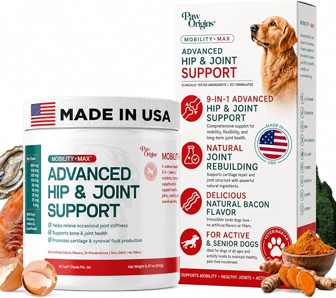 Mobility Max Dog Hip and Joint Supplement with Glucosamine, Chondroitin, MSM & Vitamin C – Hip and Joint Chews for Dogs – 9-in-1 Advance Formula – 60 Bacon Flavor Chews for Active & Senior Dogs
