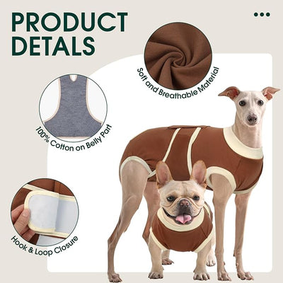 Kuoser Dog Recovery Suit, Soft & Breathable Fabric, Anti Licking, Cone Alternative, Brown, Large (Back: 16.1" - 20.1"; Weight: 23 - 48LB)