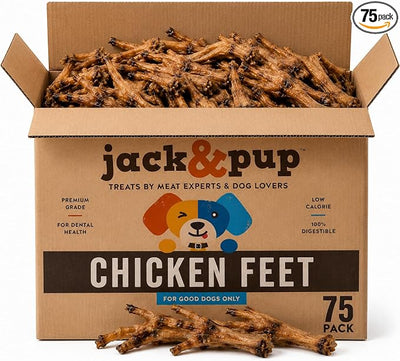Jack&Pup Dried Chicken Feet Dog Treats | 100% Natural, Fully Digestible, Dehydrated Chicken Feet for Dogs High Protein, Joint Support (75 Pack) Economical Alternative to Duck Foot and Pig Ears