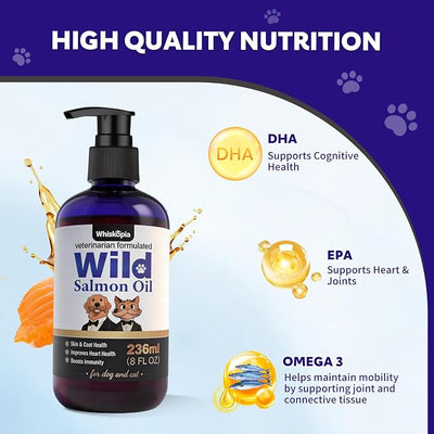 Wild Salmon Oil for Dogs & Cats Pet Omega-3 Fish Oil Supplement to Reduce Shedding and Itching, Support Joints, Brain, Heart, Skin & Coat Health Fast-Absorbing Liquid Fish Oil Supplement - 8 oz