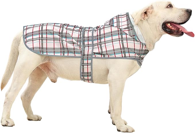 Dog Raincoat for Large Dogs Waterproof Jacket Hooded Rain Coats with Reflective Strips Leash Hole & Poncho Adjustable Fit (Plaid,XL)