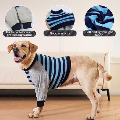 FUAMEY Dog Recovery Sleeve with Elbow Protector,Dogs Shirt Stop Licking Joints,Pet Long Sleeve Suit Protecting Dog's Front Leg Arm Wounds Cover Skin Conditions Blue Stripes 3XL