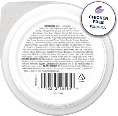 Blue Buffalo Basics Adult Small Breed Grain-Free Wet Dog Food for Skin & Stomach Care, Limited Ingredient Diet, Lamb Recipe, 3.5-oz. Cups (12 Count)