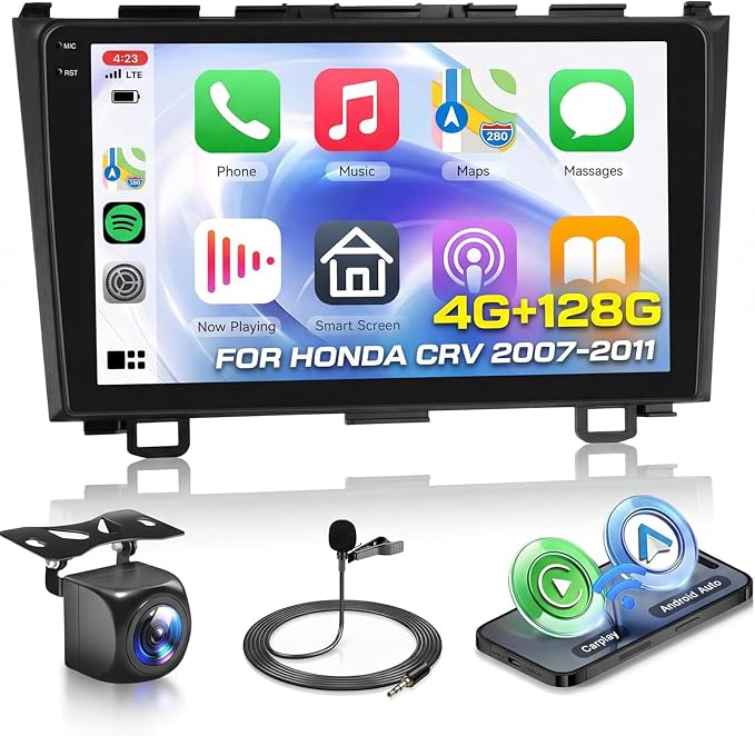 4+128G for Honda CRV 2007-2011 Android Car Stereo Radio with Wireless Carplay/Android Auto, 9 Inch 1280 * 720P in-Cell Screen Bluetooth WiFi GPS Navigation USB FM/RDS SWC EQ Backup Camera