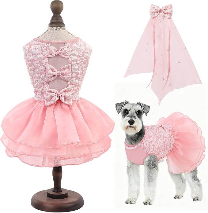 ASENKU Dog Dress, Dog Wedding Dress, Pet Lace Princess Dress with Bows for Wedding Birthday Party, Puppy Formal Apparel with Pearl Necklace for Small Dogs (Pink, Small)