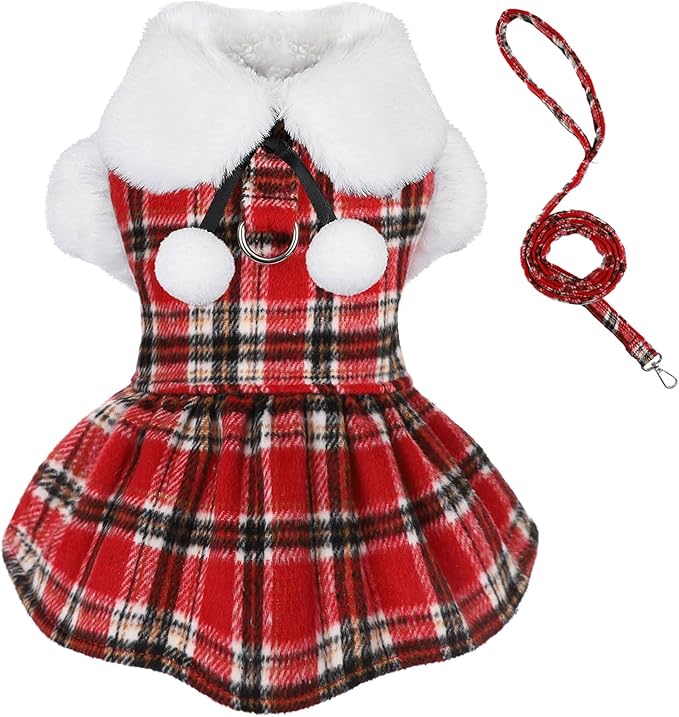 Dog Sweater with Leash Set D Ring Plaid Fleece Dog Clothes for Small Dogs Girl Boy Winter Puppy Dress Cold Weather Coat Fall XXS Sweater for Chihuahua Yorkie Cat Doggy Costumes, Red, XS