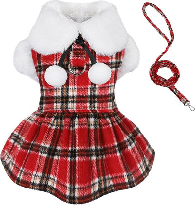 Dog Sweater with Leash Set D Ring Plaid Fleece Dog Clothes for Small Dogs Girl Boy Winter Puppy Dress Cold Weather Coat Fall XXS Sweater for Chihuahua Yorkie Cat Doggy Costumes, Red, S