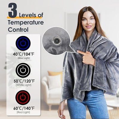 Heated Blanket Electric Throw, 59" x 31" Soft Cozy Flannel Wearable USB Electric Heated Shawl Poncho Wrap Blanket Winter Warmer with Zipper for Car Office Home Travel