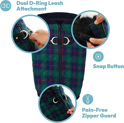 Gooby Fashion Vest Check Dog Jacket - Navy Check, X-Small - Warm Zip Up Dog Bomber Vest with Dual D Ring Leash Water Resistant for Small to Medium Dogs