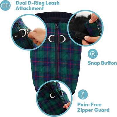 Gooby Fashion Vest Check Dog Jacket - Red Check, X-Large - Warm Zip Up Dog Bomber Vest with Dual D Ring Leash Water Resistant for Small to Medium Dogs