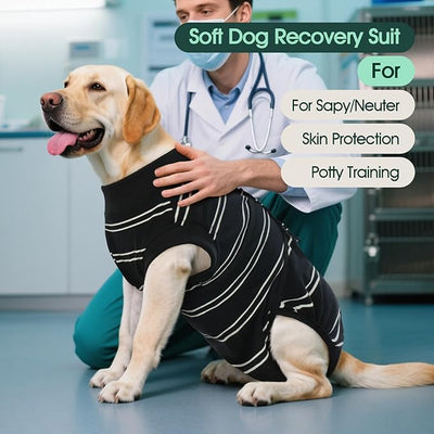 Kuoser Dog Surgery Recovery Suit, Soft Breathable Dog Recovery Suit for Female Spay Male Nueuter, Anti Licking Puppy Onesie Pet Surgical Suit for Dogs Abdominal Wounds Skin Disease, Black Strips XL