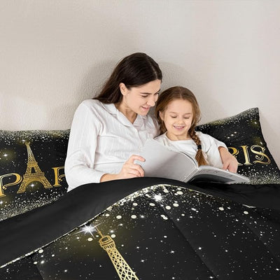 Erosebridal 3 Pcs Eiffel Tower Comforter Set,City Building of Paris Quilted Comforter Full Size,Gold Yellow Ombre Glitter Bedding Set with 2 Pillow Cases