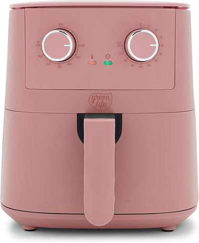 GreenLife 4.5QT Air Fryer, Mechanical Dial Controls, PFAS-Free Ceramic Nonstick Drawer, Adjustable Temp & Timer, LED Indicator, Oil-Less Cooking, Dishwasher Safe, Compact Family Size, Pink