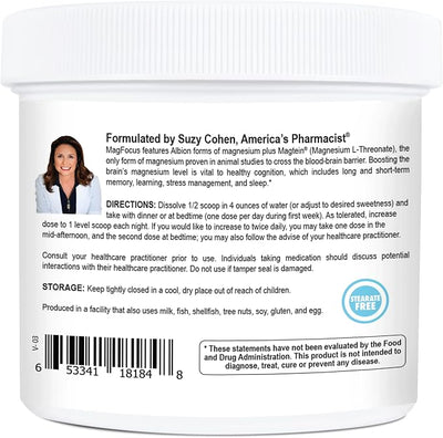 Suzy Cohen MagFocus Magnesium L-Threonate Powder with Magtein (Mixed Berry) Plus Magnesium Glycinate for Wellness, Focus, and Cognition - Gluten-Free, Non-GMO, Vegetarian (60 Servings)