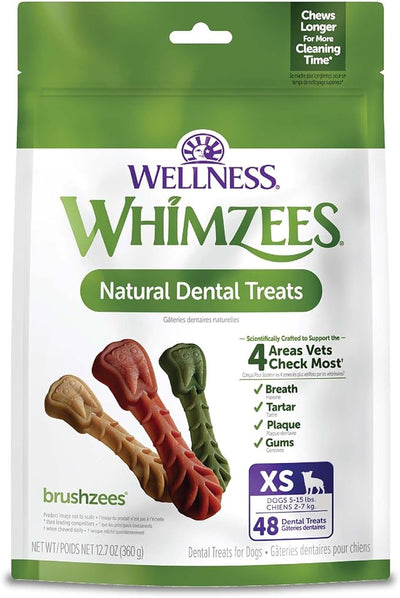 Whimzees Wellness Brushzees Natural Dog Dental Treat, VOHC Accepted Chews, Freshens Breath, Extra-Small Size, 12.7 oz Bag, 48 Count