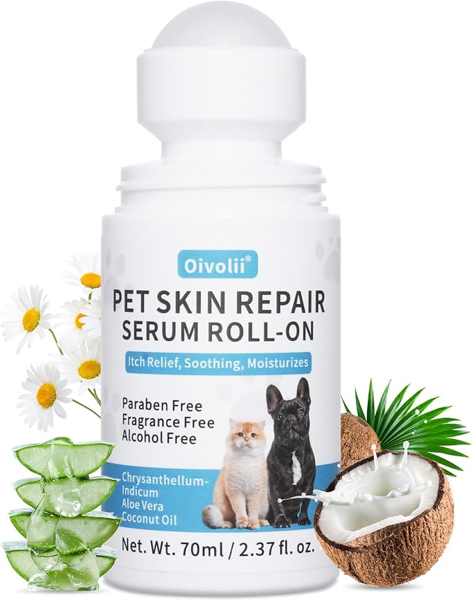 Dog Skin Repair Roll-On Serum – Natural Hot Spot & Red Spot Relief with Coconut Oil – Soothes Itchy, Dry & Irritated Skin, Supports Fur Regrowth – Lick-Safe, No-Rinse Pet Skin Care for Dogs & Cats