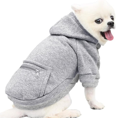 Jecikelon Dog Hoodies for Small Dogs with Zipper Pocket, Soft Fleece Puppy Clothes with Rope Hat, Warm Winter Outfits Cold Weather Coats, Cute Sweatshirt Chihuahua Costume (Grey, X-Large)