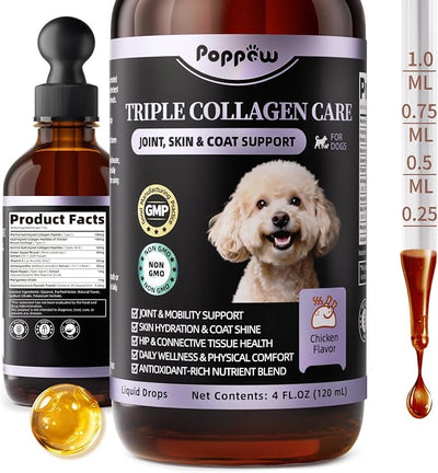 Collagen for Dogs - 12-in-1 Liquid Collagen for Skin & Coat Support, Hip & Joint with Types I, II & III Drops, Hyaluronic Acid, Green-Lipped Mussel - Chicken Flavor, 4 FL Oz