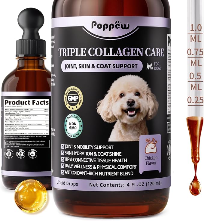 Collagen for Dogs - 12-in-1 Liquid Collagen for Skin & Coat Support, Hip & Joint with Types I, II & III Drops, Hyaluronic Acid, Green-Lipped Mussel - Chicken Flavor, 4 FL Oz