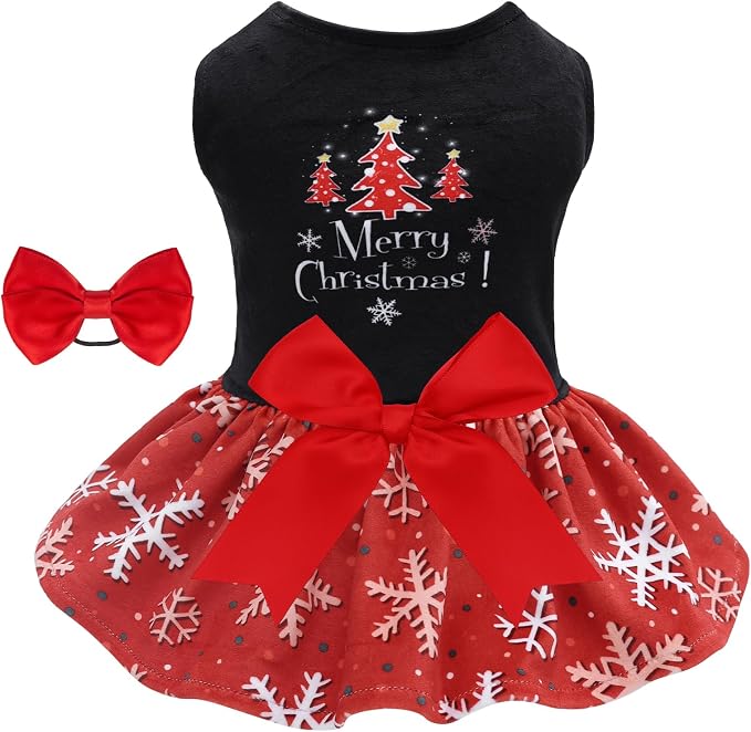 Christmas Dog Dresses Velvet Holiday Small Dogs Clothes Onesie Pet Apparel Girl Puppy Skirt with Bow Hair Rope