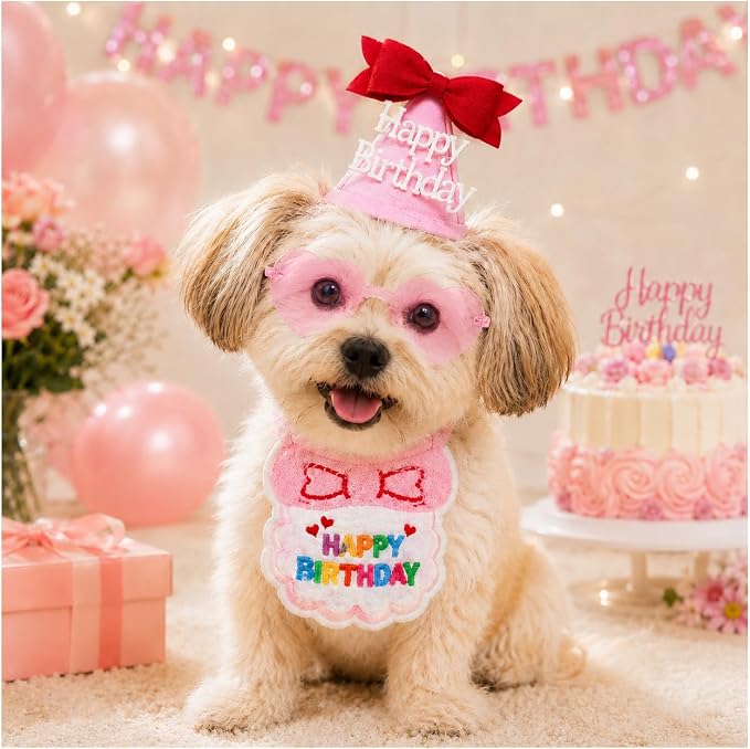 Pet Birthday Outfit for Girl Dog & Cat, 34PCS Puppy Birthday Party Costume with Pink Birthday Hat, Heart Sunglasses & Bandana Bib, Cute Birthday Supplies for Dog Girl Party