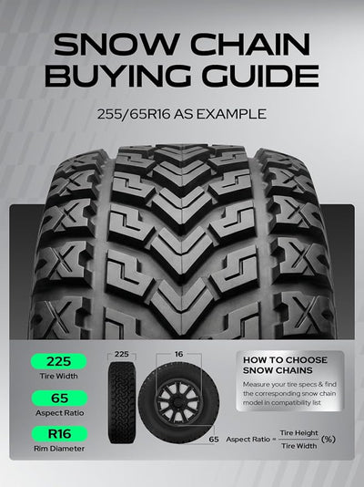 YHTAUTO Set of 2 Snow Chains 12mm for Pickup Truck SUV Passenger Car Universal Fit Tire Chains Auto-Tightening Quick Installation, Anti-slip Traction in Snow, Mud, Sand | SWC0014