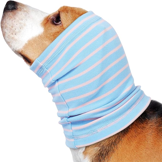 Calming Hoodie Dog Grooming Ear Cover Anxiety Relief-No Shake Dog Ear Wrap Hematoma, Striped Head Wrap Snoods for Noise Protection, Bath, Fireworks, Thunderstorm, Blow Drying, Warm-Keeping