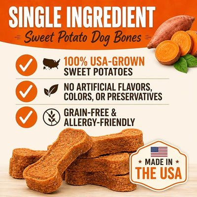 Gaines Family Farmstead Sweet Potato Dog Bones – 8 oz Bag, All-Natural, Single Ingredient, Grain-Free Dog Treats for Digestive Health, High Fiber - Training & Rewards, Made in USA