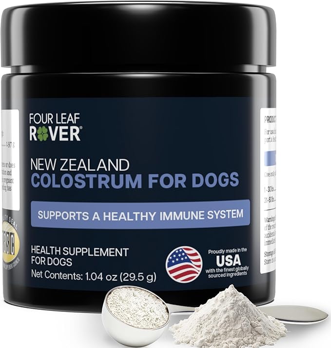 FOUR LEAF ROVER Colostrum for Dogs - Bovine Colostrum from 100% Grass-Fed New Zealand Cows - Skin, Gut & Immune Support - 60 Day Large Dog Supply