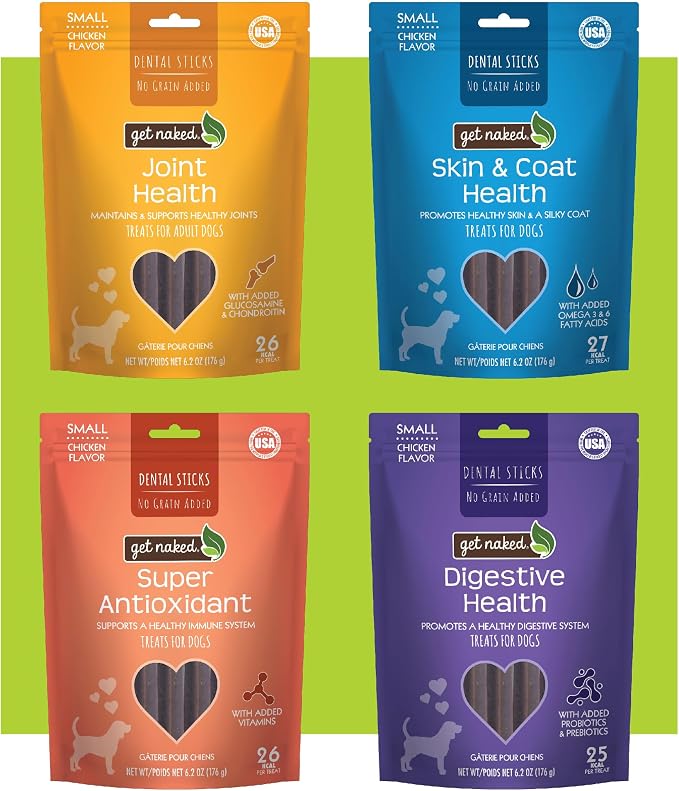 Dental Sticks Grain-Free Chicken Flavor Dog Treats Variety Pack, Digestive Health + Skin & Coat + Joint Health + Super Antioxidant, Total 4 Bags, 24.8-oz, 64 Sticks