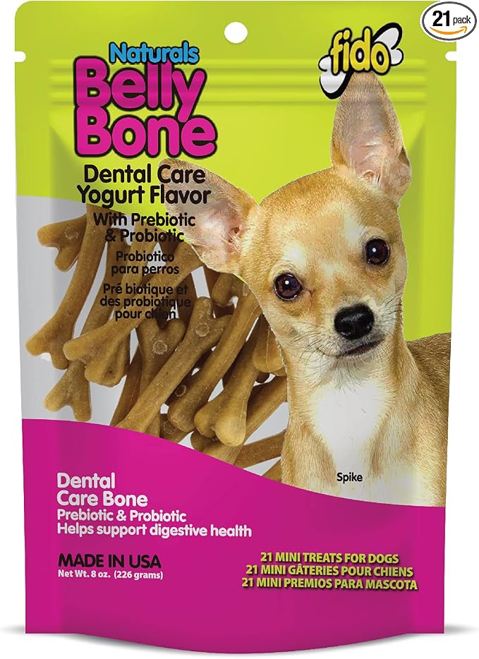 Fido Belly Bones for Dogs, Mini - 21 Count - Yogurt-Flavor Dental Treats for Small Dogs - Plaque & Tartar Control for Fresh Breath - Digestive Support - Made in USA
