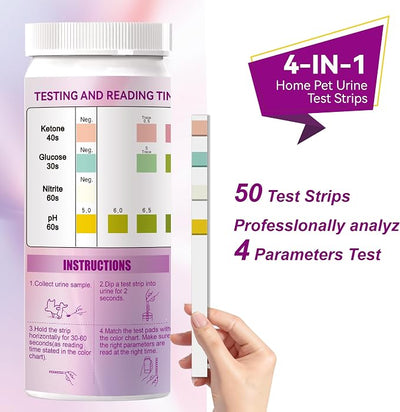Dog & Cat Urine Test Strips, 4-in-1 Pet Urinalysis Testing Kit for Ketone, Glucose, pH and Nitrite, Reagent Strips for Vet Diabetes,UTI Monitor, 50ct Urine Test Kit Easy to Use at Home