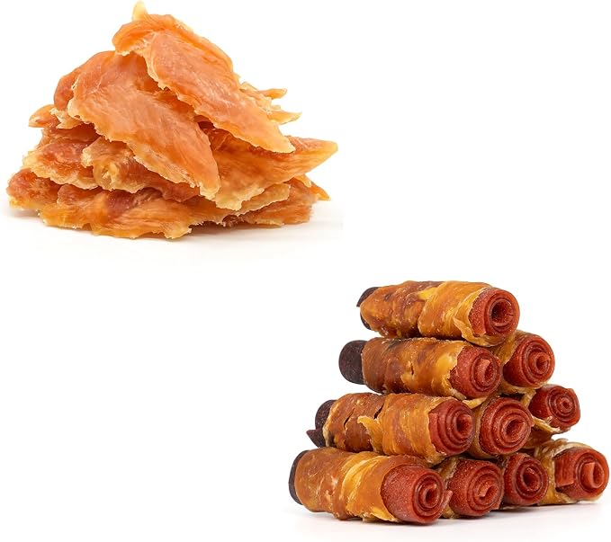 MON2SUN Chicken Jerky 14.11 oz for Small Medium and Large Dogs & 3 Inch Triple Flavor Chicken Wrapped Duck and Beef Rolls 10 Count for Small Dogs