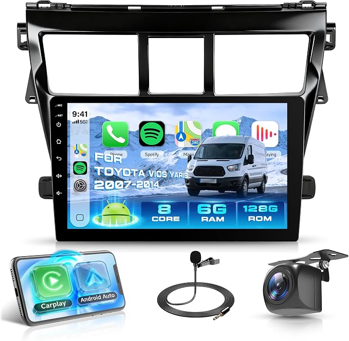 Rimoody 8 Core 6G+128G Android 15 Car Stereo for Toyota Yaris Vios 2007-2014, Wireless Carplay Android Auto, 9'' Touchscreen Radio with 360° Panoramic View GPS/BT 5.0/FM/DSP/5G-WiFi Backup Camera SWC