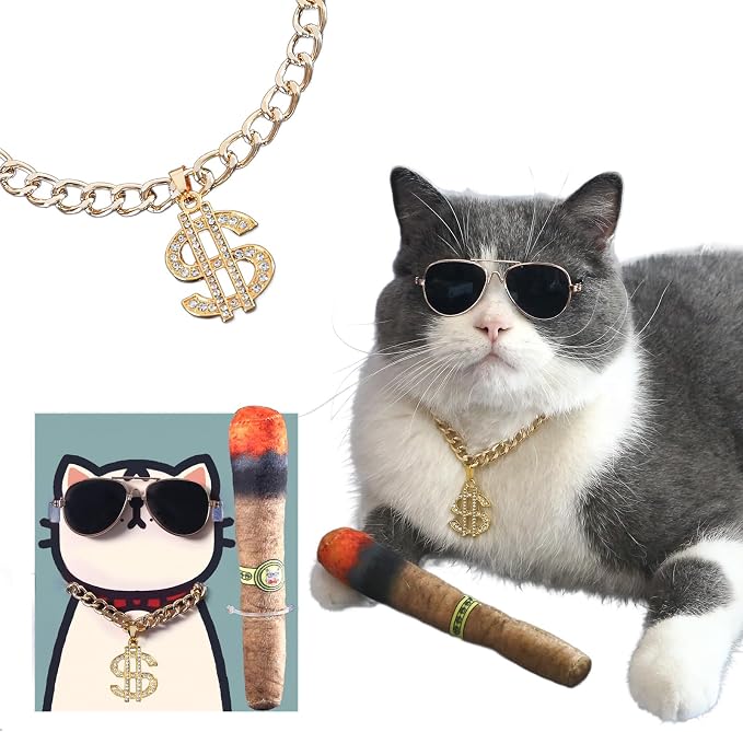 Fashion Cat Sunglasses and Gold Chain Toys Set, Cuban Link Necklace with Dollar Sign Charm, Puppy Costume Outfits Accessories for Small Middle Fat Cats (Cat)