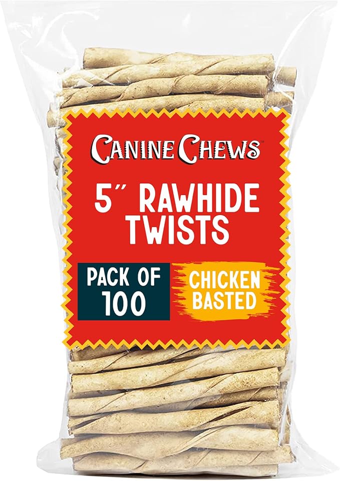 Small Rawhide Twists for Dogs - Pack of 100 5" Chicken Flavored Rawhide Sticks for Small Dogs & Puppies - Protein Dense Chicken Rawhide Twists - Natural Dog Rawhide Sticks