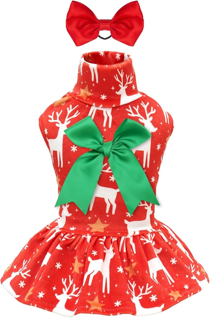CuteBone Turtleneck Dog Velvet Dress Christmas Puppy Skirt Costume Pet Clothes Cat Apparel with Bow Hair Rope for Small Dogs CVD24M