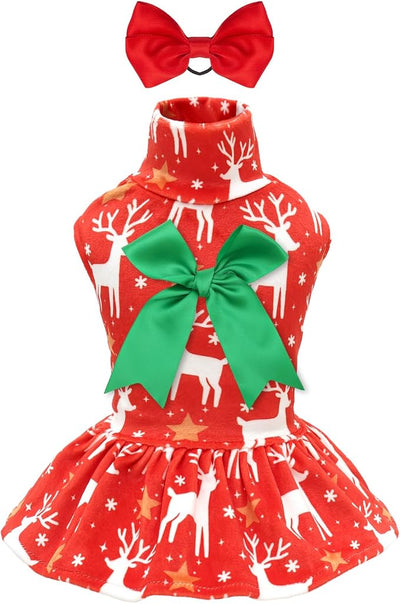 CuteBone Turtleneck Dog Velvet Dress Christmas Puppy Skirt Costume Pet Clothes Cat Apparel with Bow Hair Rope for Small Dogs CVD24L