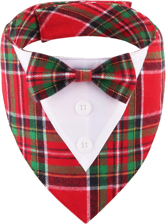 Christmas Dog Tuxedo Bandana, Red Green Plaid Pet Xmas Collar with Bow, Adjustable Christmas Costume for Small Dogs (S)