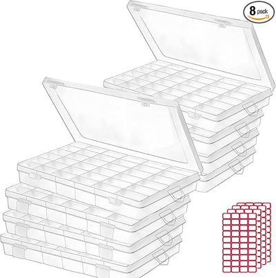 Budreu 8pack 36 Grids Plastic Clear Organizer Box bead Storage Containers with Adjustable Dividers for Craft Jewelry Fishing Tackles Parts Storage with 8 Sheets Label Stickers