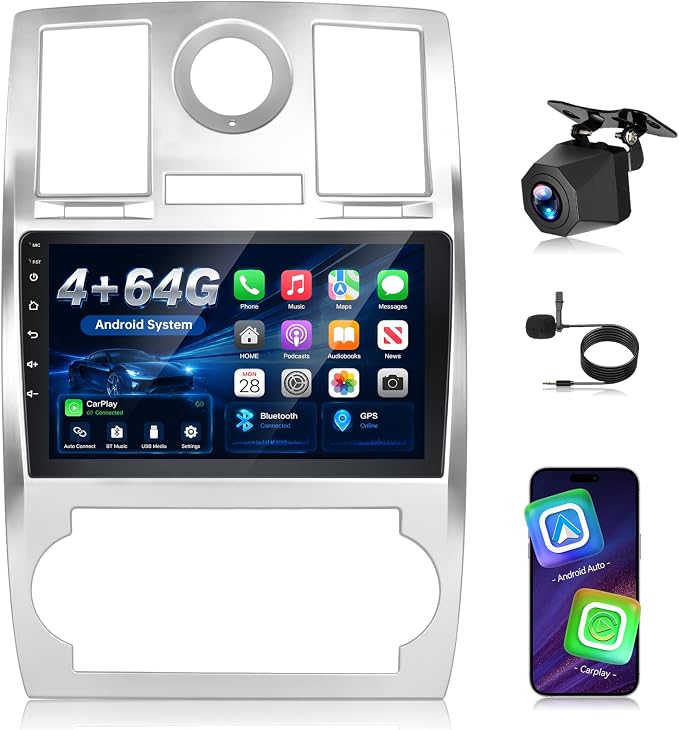 [4G+64G] Volxcereo Car Radio for Chrysler 300 300C 2005-2010 | 9 inch Android Touchscreen Stereo with Carplay & Android Auto, GPS Navigation, WiFi, Bluetooth, SWC, FM/RDS