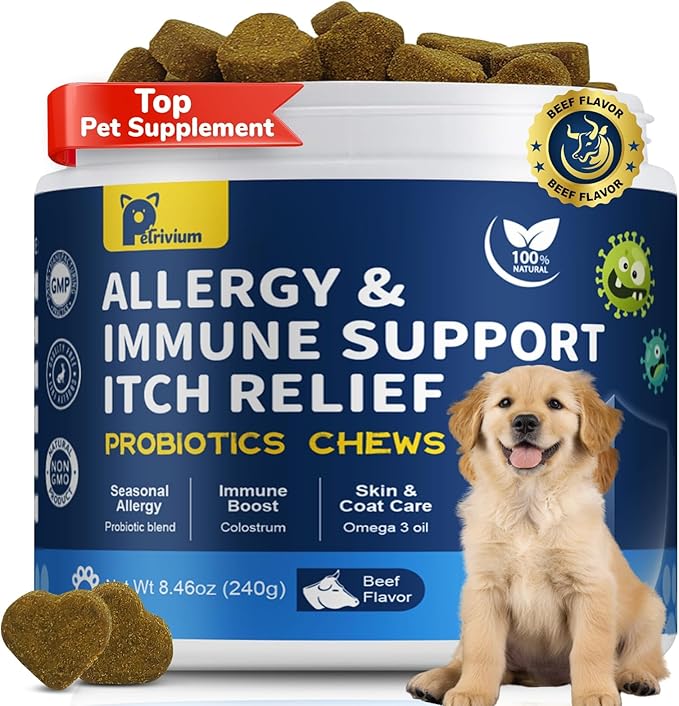 Dogs Allergy Relief Chews, Dog Probiotics for Skin & Immune Support Helps Relieve Itchy Skin & Ear, Dog Allergy Supplement for Paw Licking, Itching Skin Relief with Colostrum, Fish Oil(Beef)