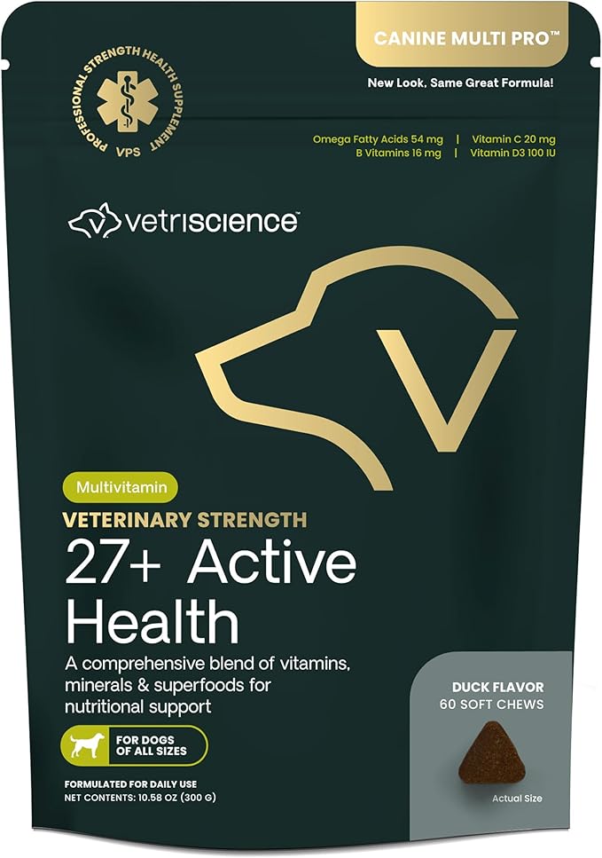 VetriScience Veterinary Strength 27+ Active Health Chews - Comprehensive Dog Multivitamin for Dog Health & Wellness - Digestive Support - Duck Flavor - 60 Count
